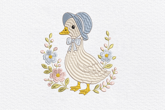 Cute Duck with Flowers Embroidery Design