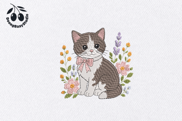 Cute Floral Cat Embroidery Design