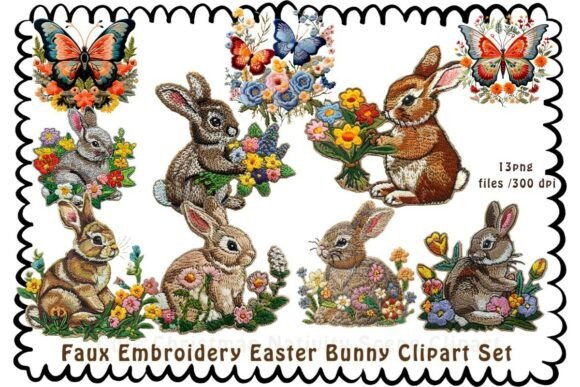 Faux Embroidery Easter Bunny Clipart Set