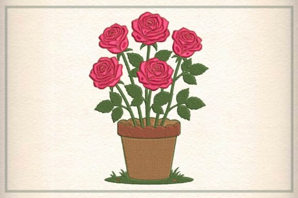Pink Roses Flower Pot Embroidery Design